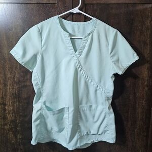 Green Wrap Top with Short Sleeves and Mandarin Collar